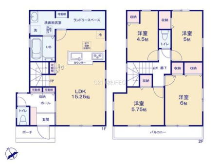 間取り図　1階は15.25帖のLDK。洗面所には便利なランドリースペース♪2階は6帖の主寝室と6帖、5.75帖、5帖、4.5帖の洋室。南側バルコニーは2部屋から出入り可能です。